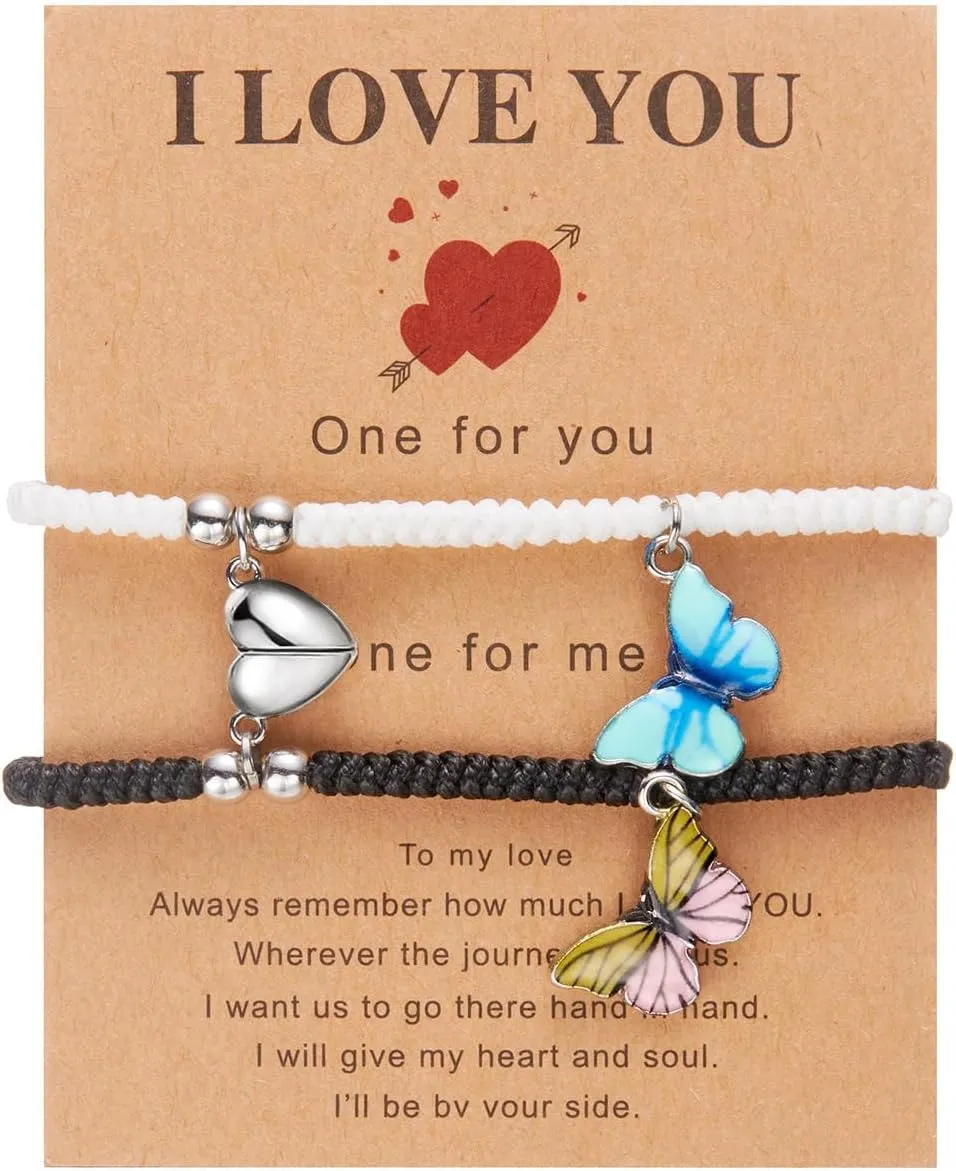 2Pcs Couple Friendship Bracelets Cute Crystal Glow-in-the-dark Butterfly Animal Heart Matching Bracelets Y2k Colorful Butterfly Glass Beaded Elastic Bracelet for Women Men Jewelry Gifts