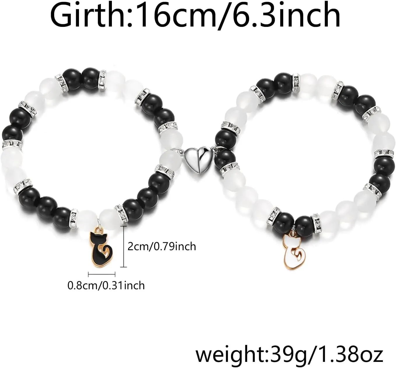 2Pcs Couple Friendship Bracelets Cute Kawaii Cartoon Cat Animal Heart Matching Bracelets Y2k Colorful Cat Glass Beaded Elastic Bracelet for Women Men Relationship Jewelry Gifts
