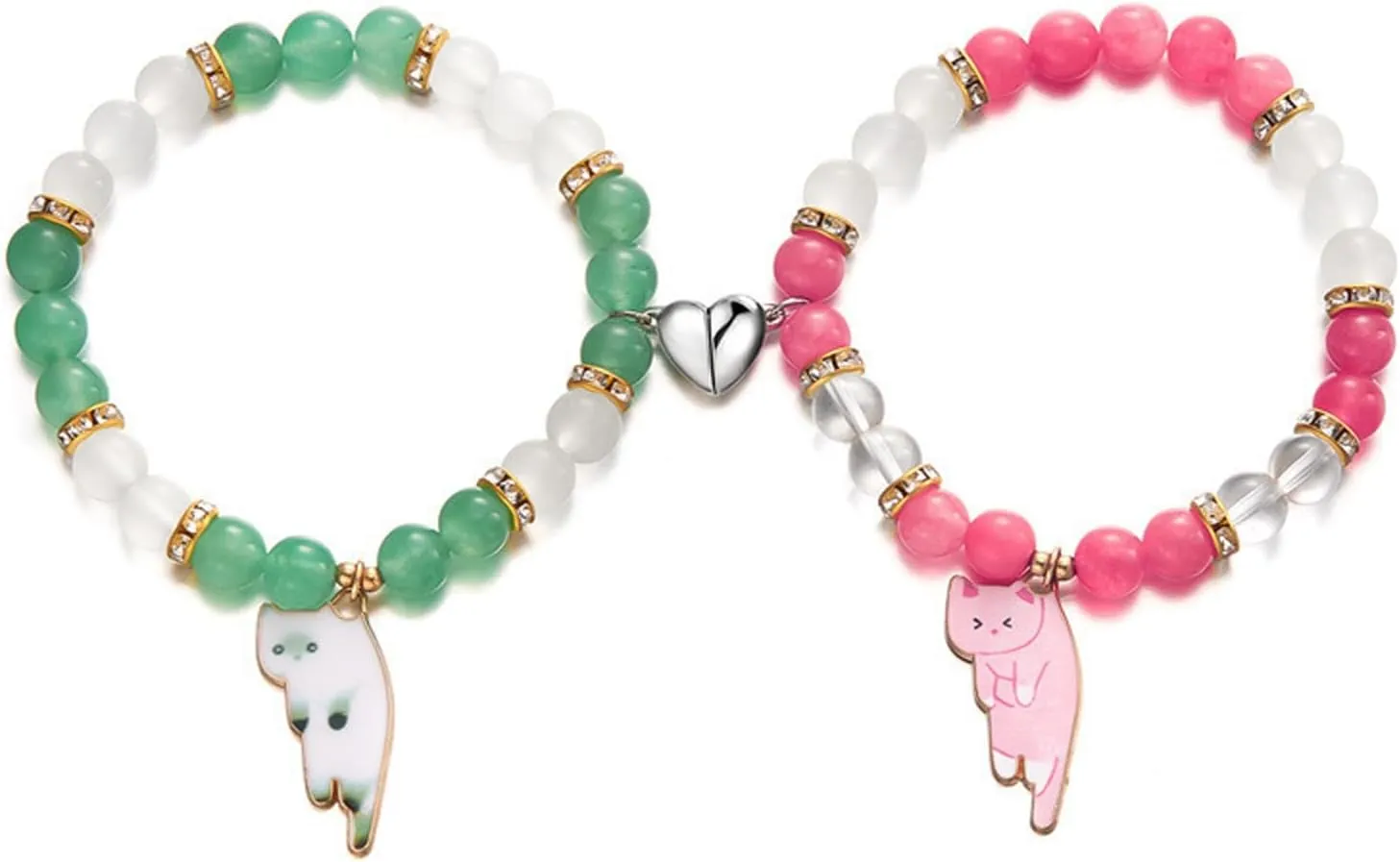 2Pcs Couple Friendship Bracelets Cute Kawaii Cartoon Cat Animal Heart Matching Bracelets Y2k Colorful Cat Glass Beaded Elastic Bracelet for Women Men Relationship Jewelry Gifts