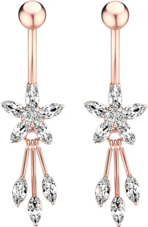 2Pcs Dangle Belly Button Rings Simple, Surgical Stainless Steel Navel Rings Rose Gold Flower White Cubic Zirconia
