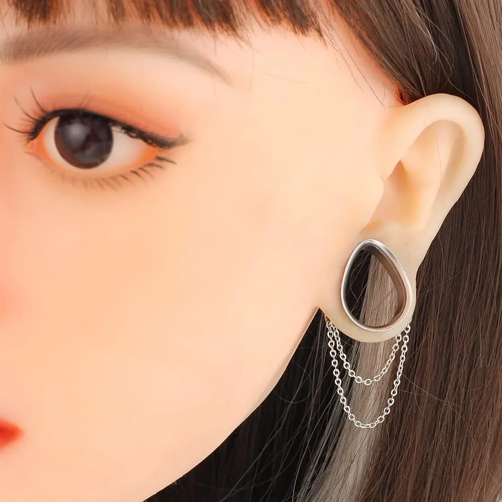 2PCS Dangle Chain Teardrop Ear Plugs Tunnels Daily 316 Stainless Steel Ear Gauges Expander Stretcher Piercing Body Jewelry 0g-1 inch 8mm-25mm
