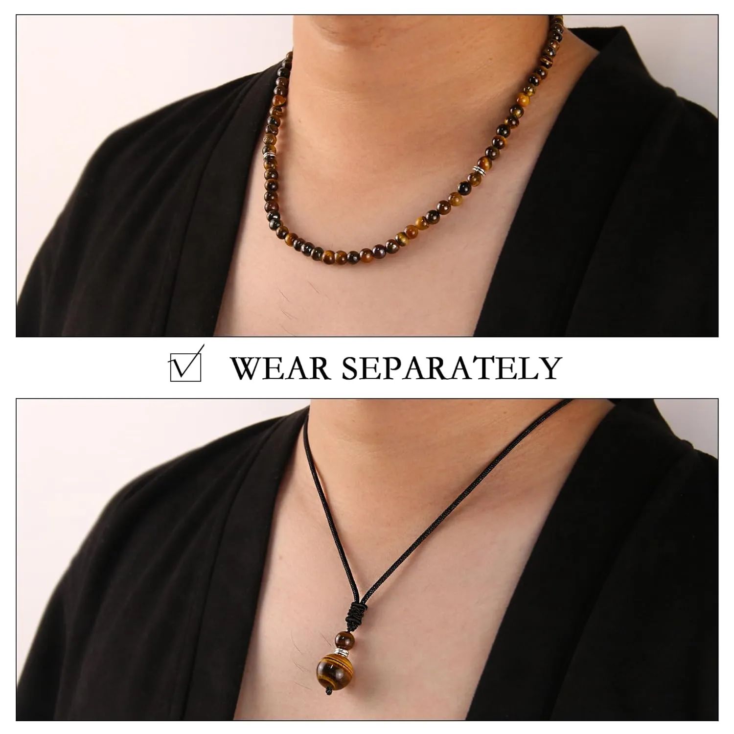 2Pcs Tigers Eye Necklace - Beaded Necklace for Men - Protection Necklace Men Choker Necklaces Tigers Eye Beads Pendant Jewelry Gifts for Men