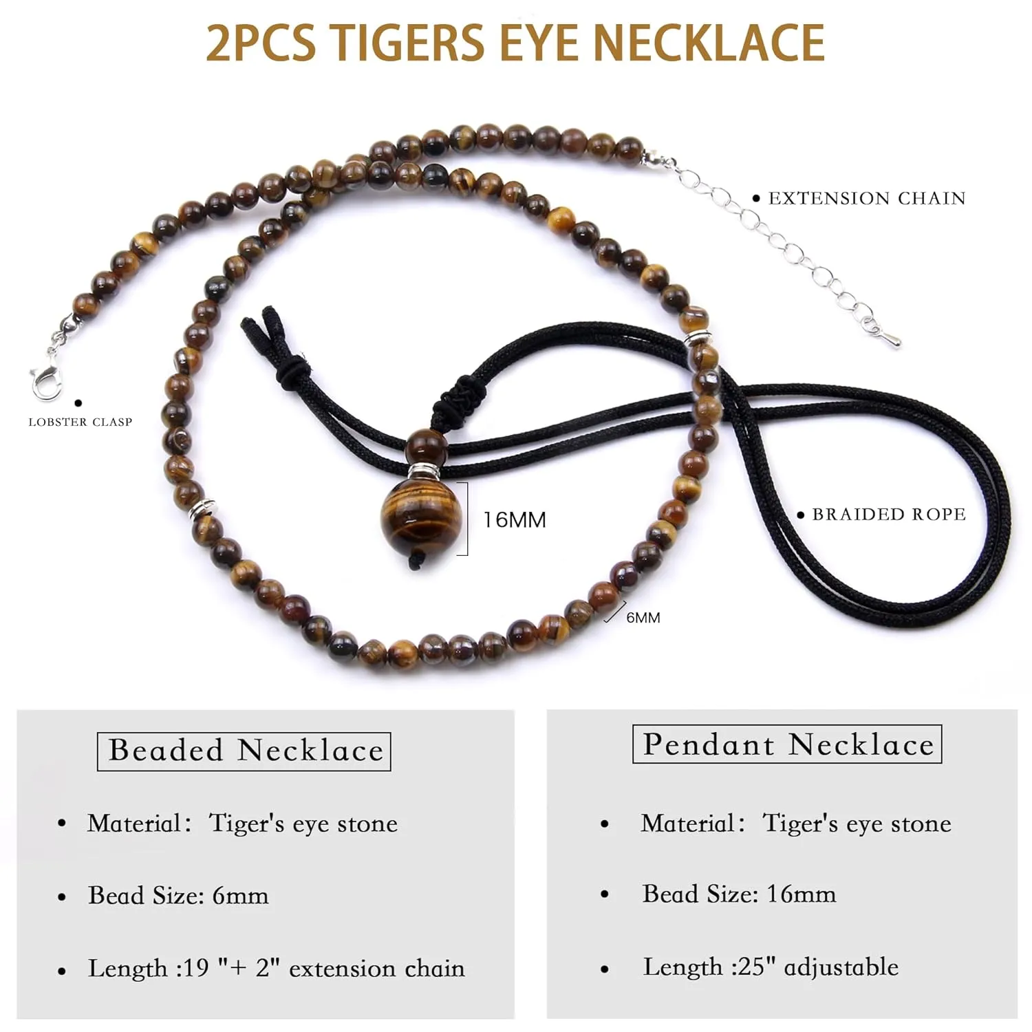 2Pcs Tigers Eye Necklace - Beaded Necklace for Men - Protection Necklace Men Choker Necklaces Tigers Eye Beads Pendant Jewelry Gifts for Men