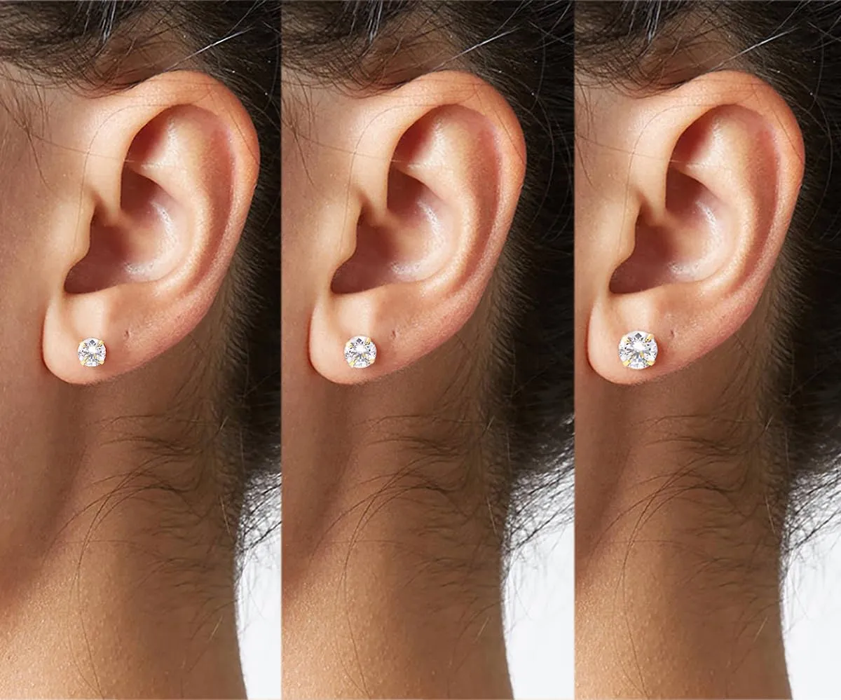 3 4 5 MM Cubic Zirconia Sterling Silver Plated Yellow Gold Studs Earrings Set, Screw Ball Backing