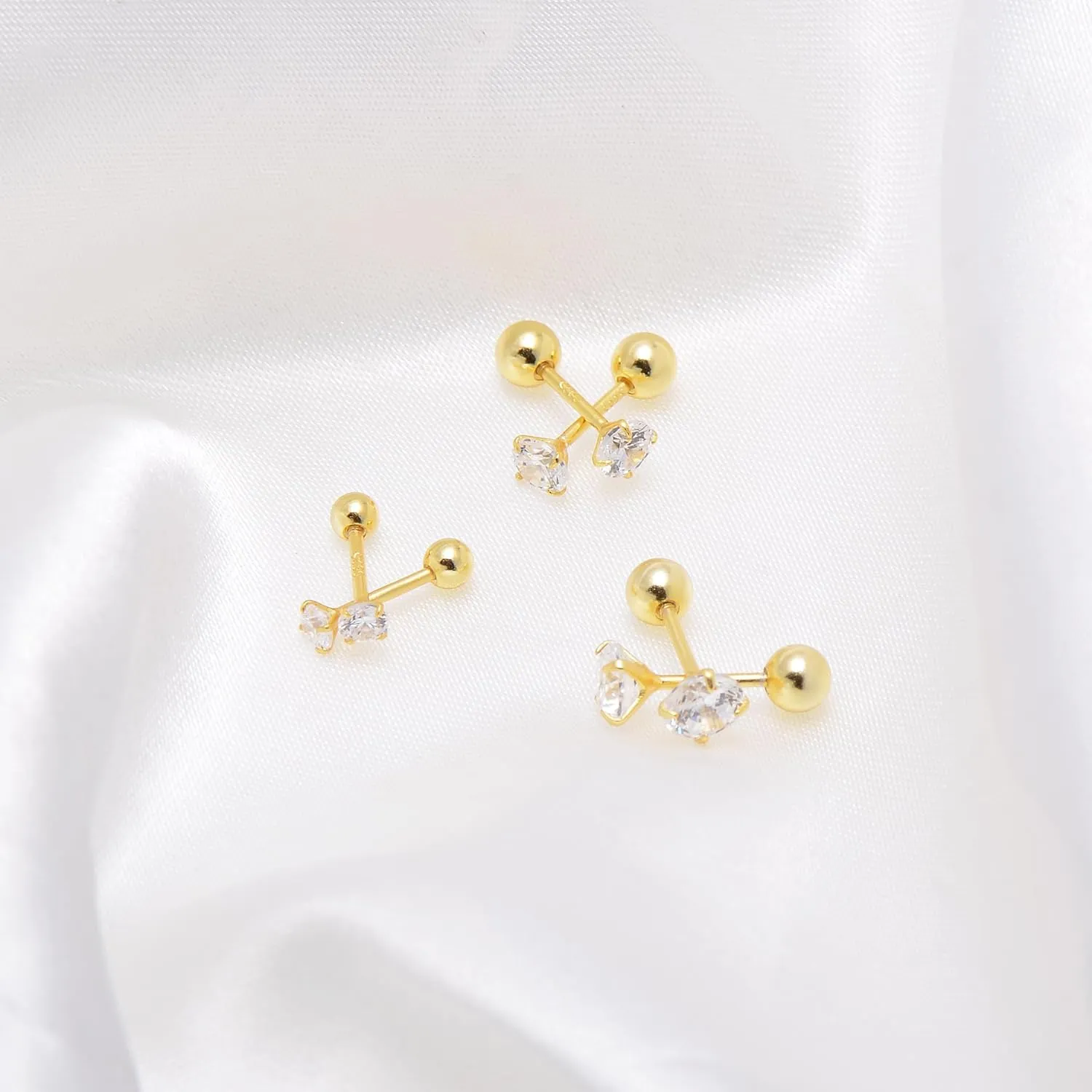 3 4 5 MM Cubic Zirconia Sterling Silver Plated Yellow Gold Studs Earrings Set, Screw Ball Backing