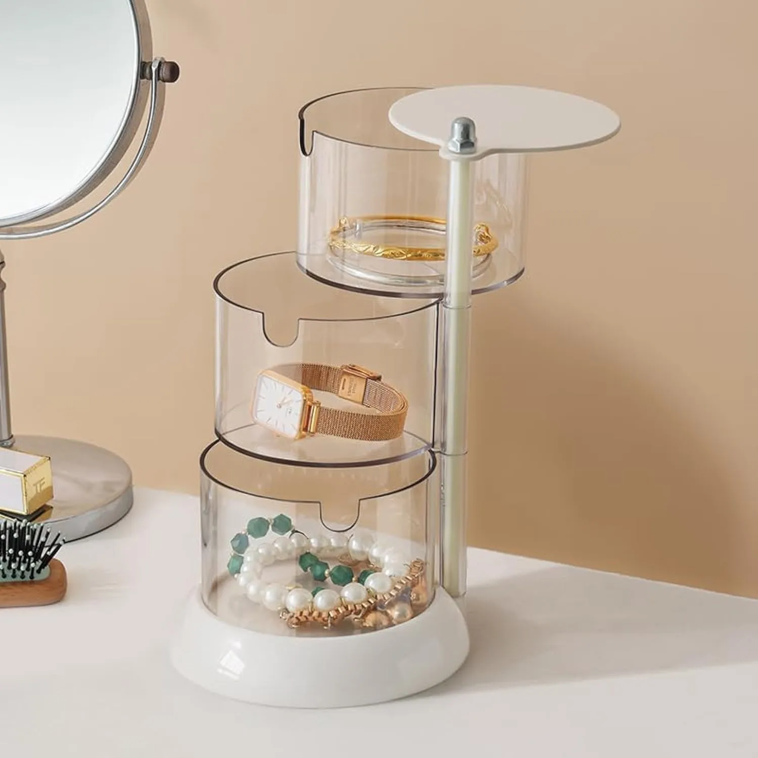 3-Layers Clear Jewelry Organizer, 360 Rotatable Small Cute Acrylic Jewelry Box for Hair Clip, Hair Tie, Earring, Necklace, Bracelet, Ring, Hair Accessories Holder for Girls
