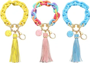 3 Pack Keychain Wristlet Bracelets Acrylic Chunky Link Chain Key Ring with Tassel Charm Key House Car Key Ring Holder