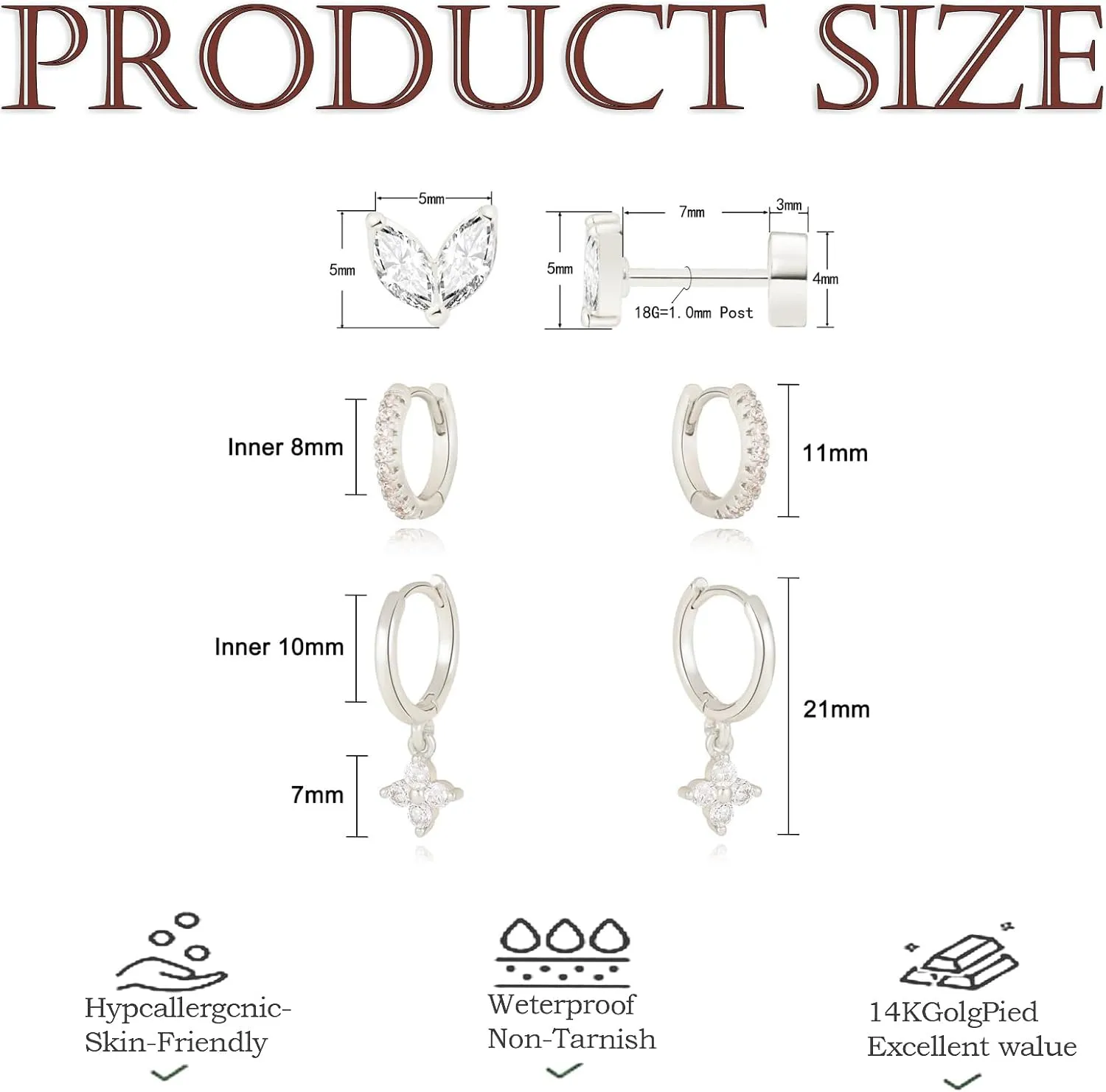 3 Pairs 14K Gold Plated Sterling Silver Stud and Huggie Small Hoop Earrings Set for Women, Hypoallergenic Dainty Earring Stacks for Multiple Piercings