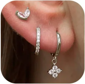 3 Pairs 14K Gold Plated Sterling Silver Stud and Huggie Small Hoop Earrings Set for Women, Hypoallergenic Dainty Earring Stacks for Multiple Piercings