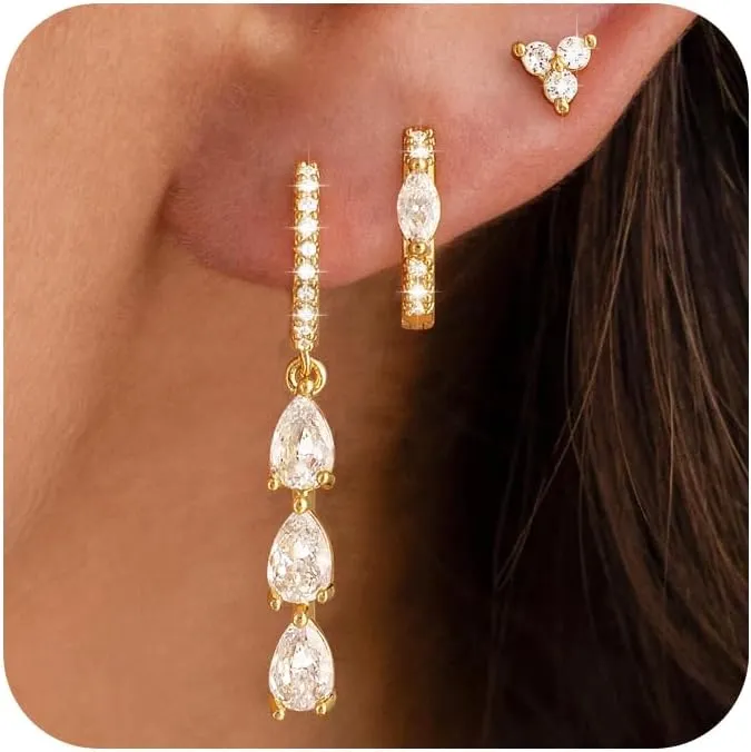 3 Pairs Earrings Set for Multiple Piercings, Gold Studs Hoop Earrings Stack, CZ Dangle Earrings Set, Hypoallergenic for Sensitive Ears, Women's Gift