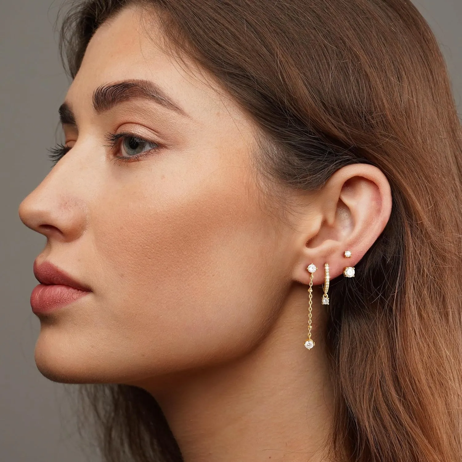 3 Pairs Earrings Set for Multiple Piercings, Gold Studs Hoop Earrings Stack, CZ Dangle Earrings Set, Hypoallergenic for Sensitive Ears, Women's Gift