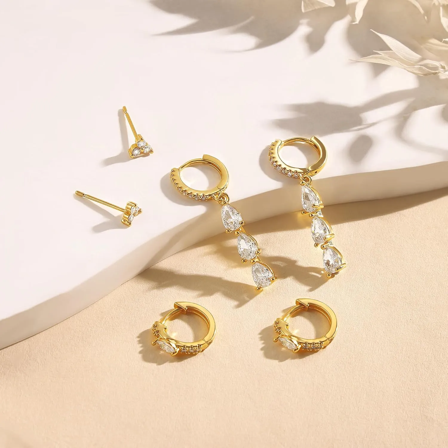 3 Pairs Earrings Set for Multiple Piercings, Gold Studs Hoop Earrings Stack, CZ Dangle Earrings Set, Hypoallergenic for Sensitive Ears, Women's Gift