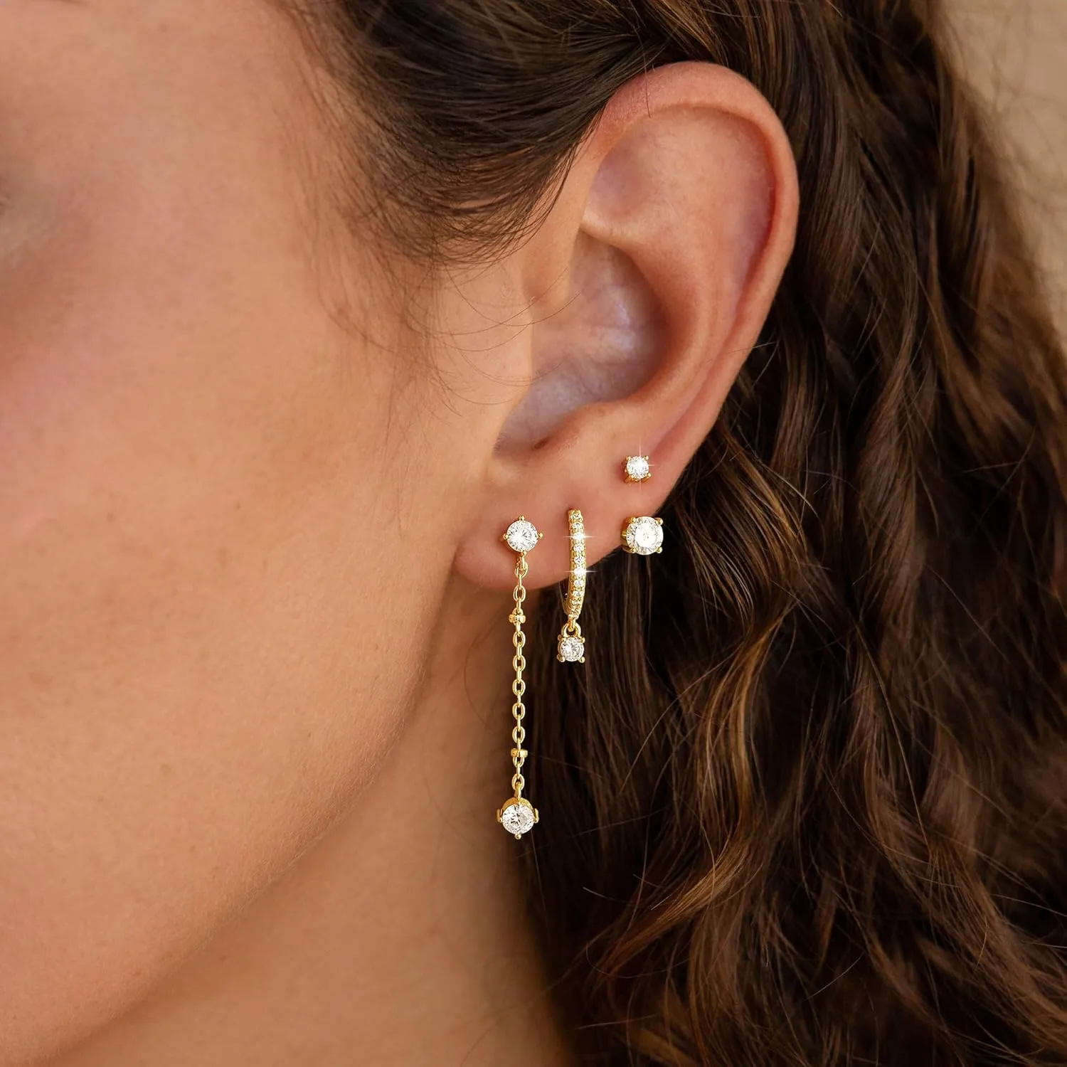 3 Pairs Earrings Set for Multiple Piercings, Gold Studs Hoop Earrings Stack, CZ Dangle Earrings Set, Hypoallergenic for Sensitive Ears, Women's Gift