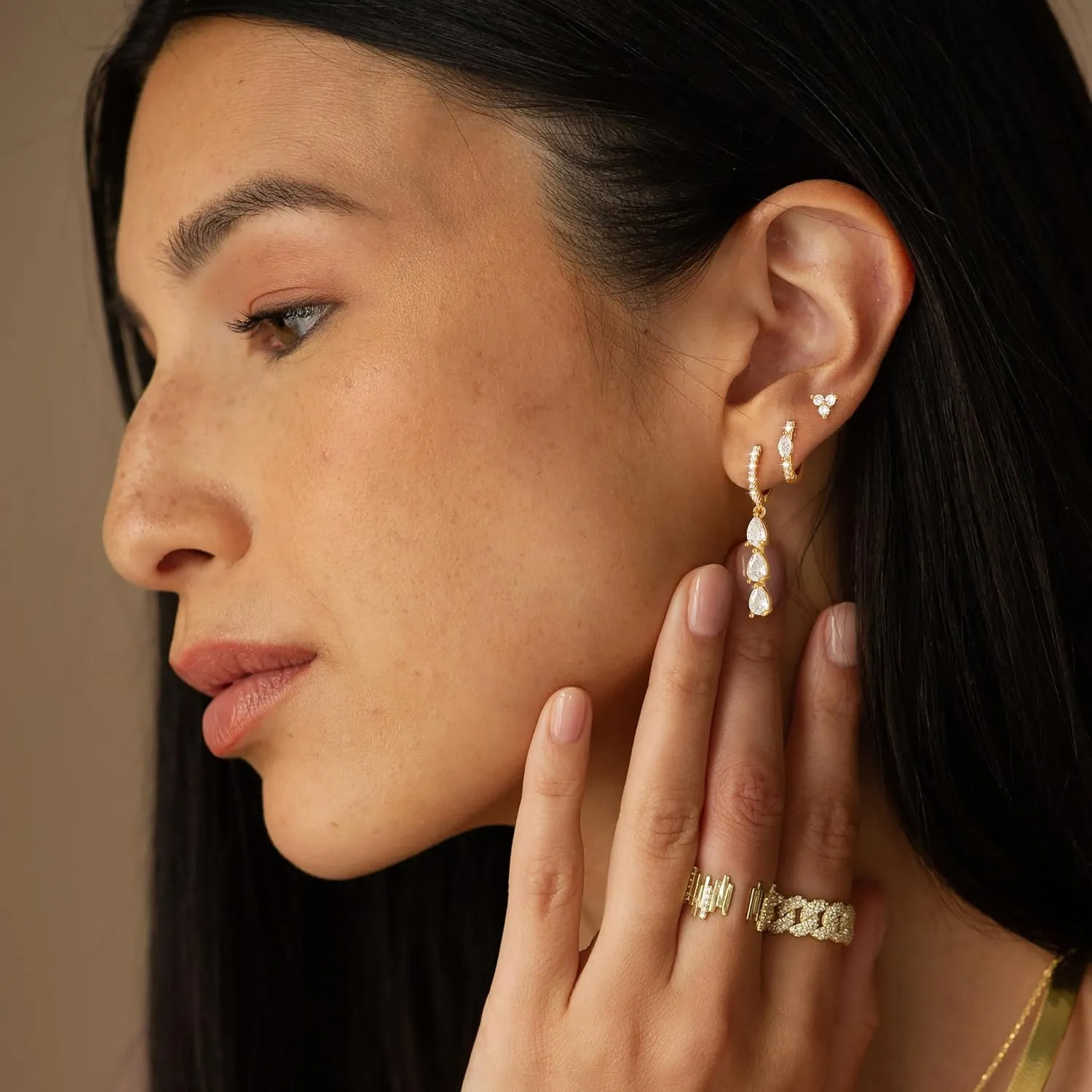3 Pairs Earrings Set for Multiple Piercings, Gold Studs Hoop Earrings Stack, CZ Dangle Earrings Set, Hypoallergenic for Sensitive Ears, Women's Gift