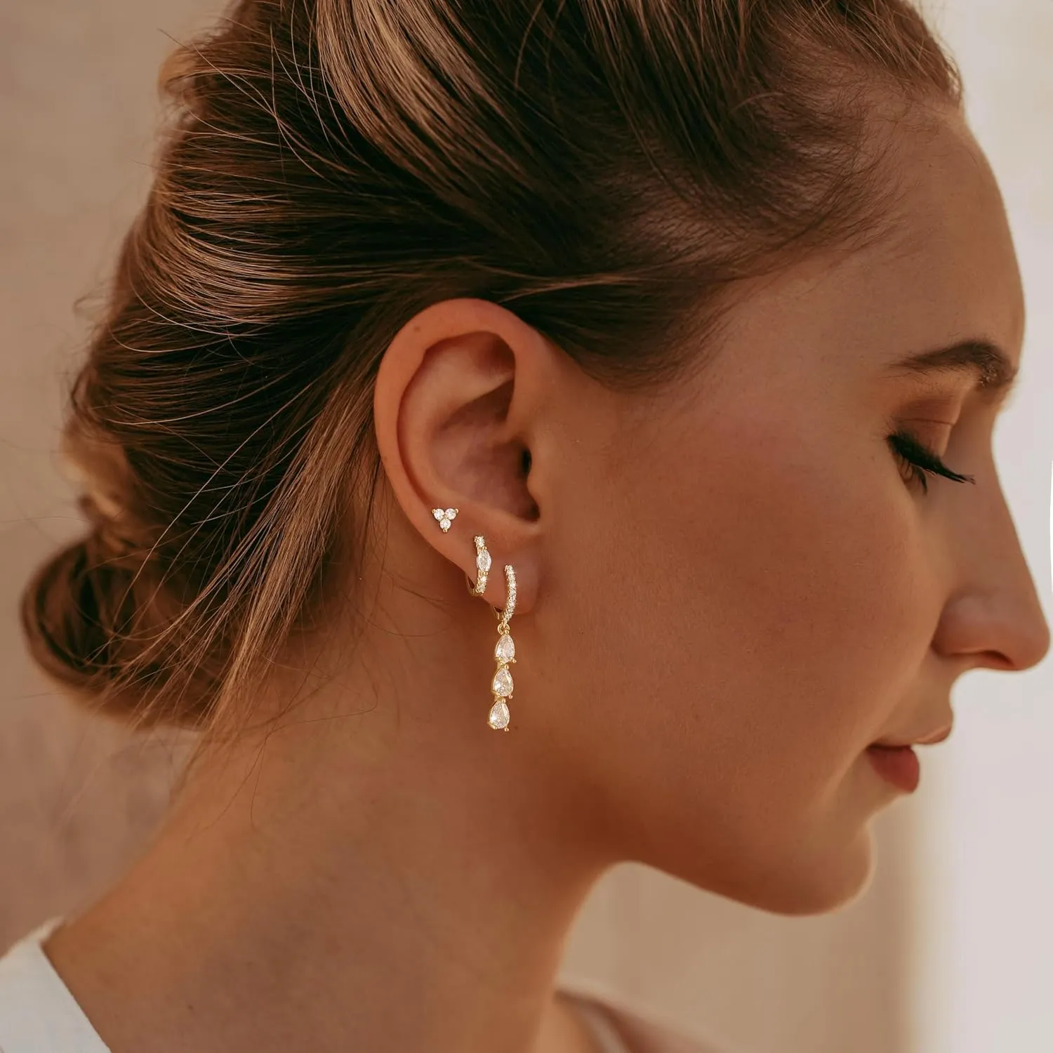 3 Pairs Earrings Set for Multiple Piercings, Gold Studs Hoop Earrings Stack, CZ Dangle Earrings Set, Hypoallergenic for Sensitive Ears, Women's Gift