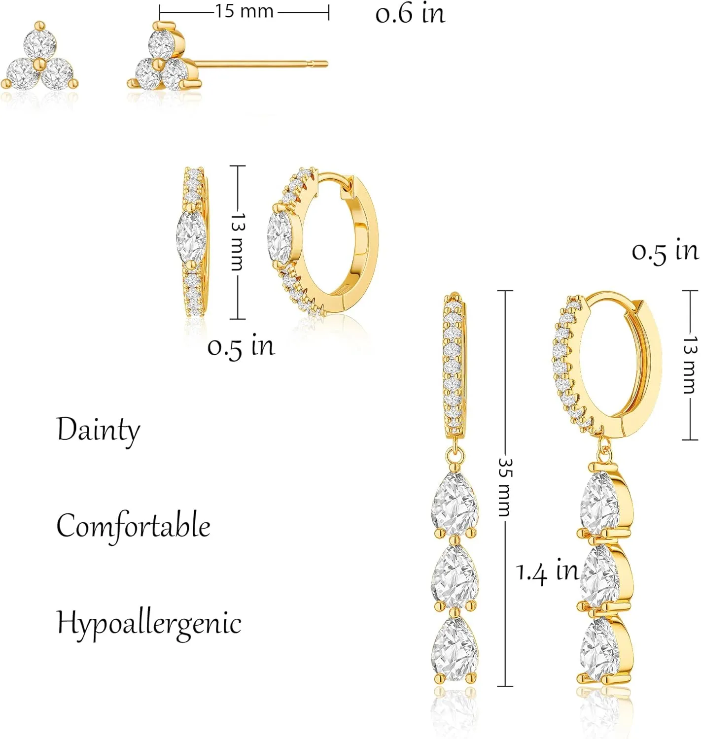 3 Pairs Earrings Set for Multiple Piercings, Gold Studs Hoop Earrings Stack, CZ Dangle Earrings Set, Hypoallergenic for Sensitive Ears, Women's Gift