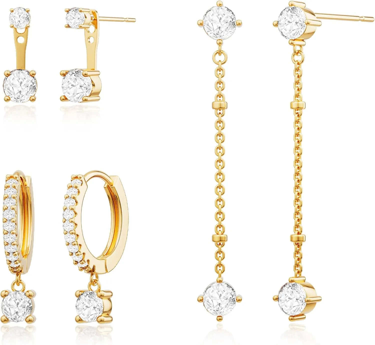 3 Pairs Earrings Set for Multiple Piercings, Gold Studs Hoop Earrings Stack, CZ Dangle Earrings Set, Hypoallergenic for Sensitive Ears, Women's Gift