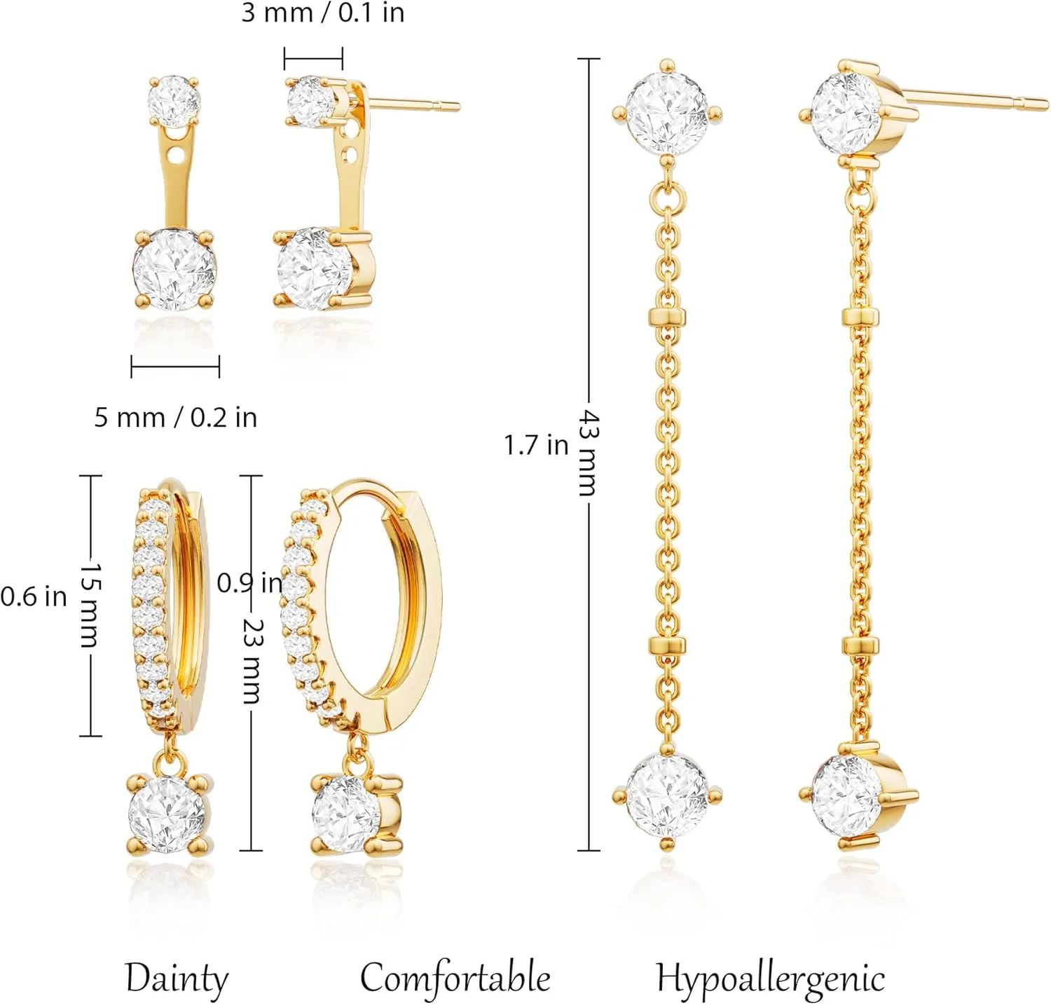 3 Pairs Earrings Set for Multiple Piercings, Gold Studs Hoop Earrings Stack, CZ Dangle Earrings Set, Hypoallergenic for Sensitive Ears, Women's Gift