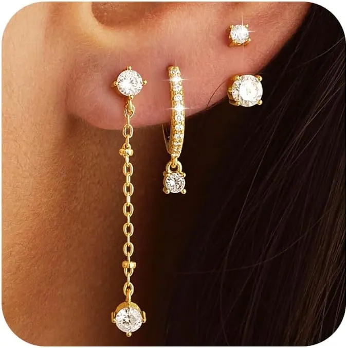 3 Pairs Earrings Set for Multiple Piercings, Gold Studs Hoop Earrings Stack, CZ Dangle Earrings Set, Hypoallergenic for Sensitive Ears, Women's Gift
