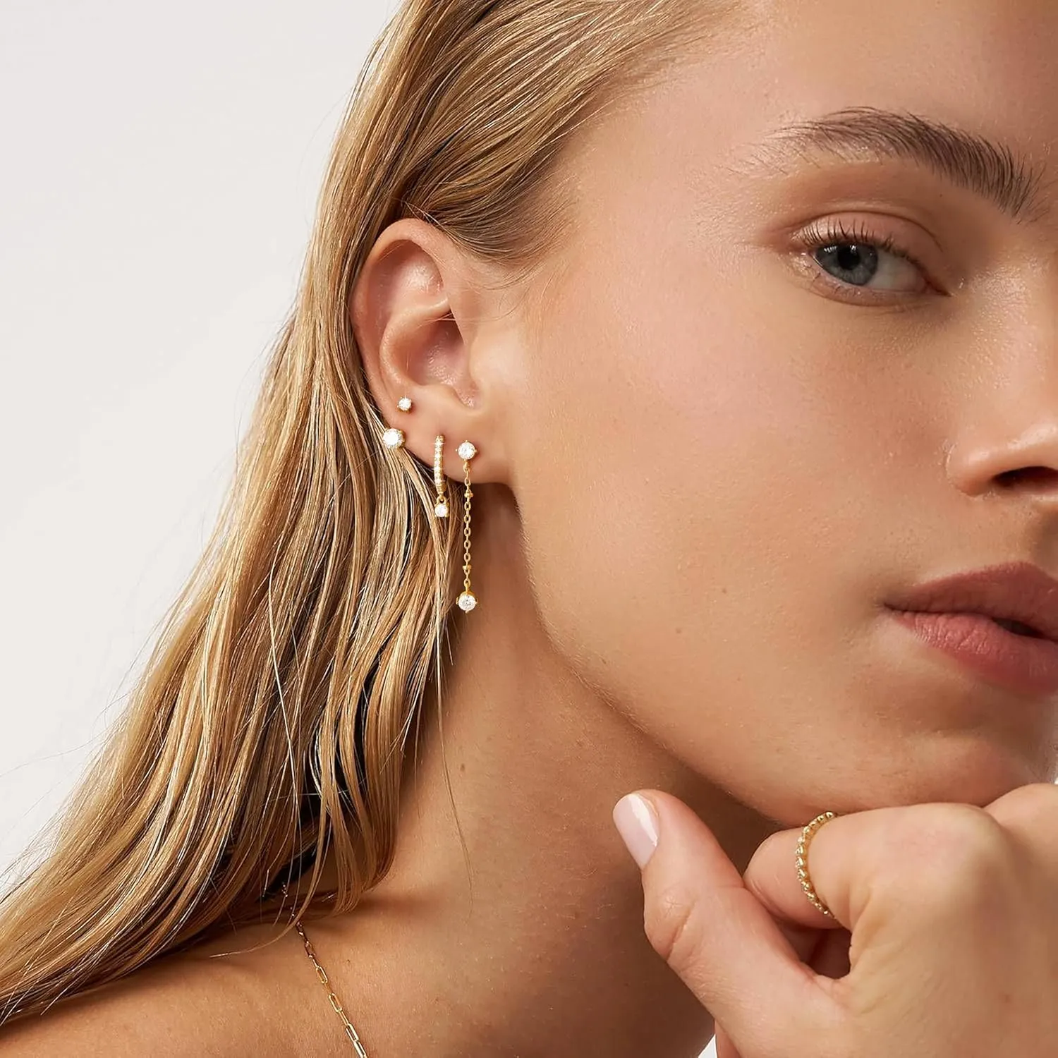 3 Pairs Earrings Set for Multiple Piercings, Gold Studs Hoop Earrings Stack, CZ Dangle Earrings Set, Hypoallergenic for Sensitive Ears, Women's Gift