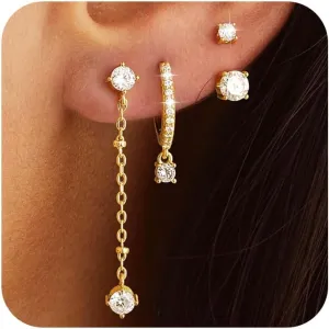 3 Pairs Earrings Set for Multiple Piercings, Gold Studs Hoop Earrings Stack, CZ Dangle Earrings Set, Hypoallergenic for Sensitive Ears, Women's Gift