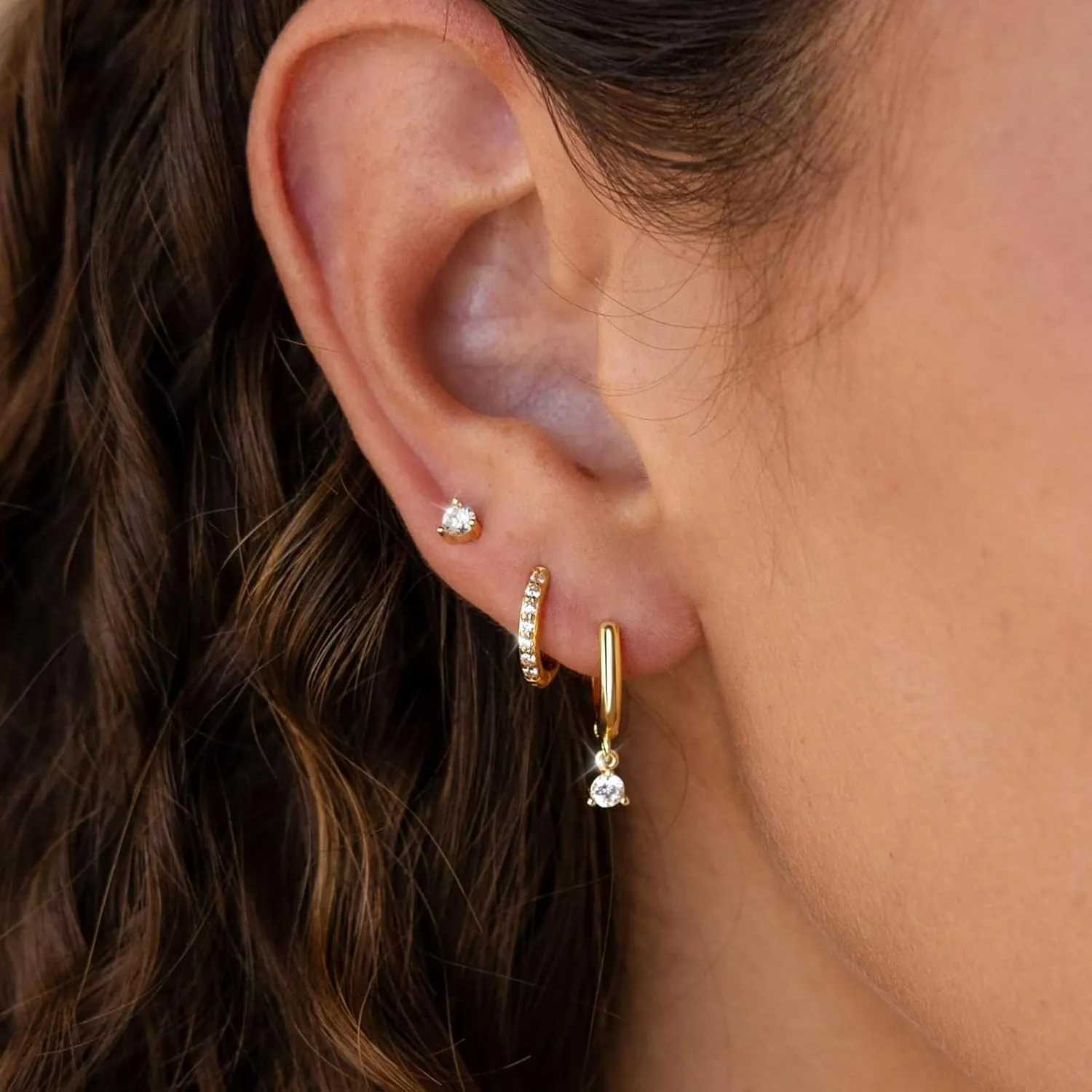 3 Pairs Gold Hoop Earrings Set: 14K Gold Plated Dainty Huggie Earrings for Women, Hypoallergenic Cartilage Stud & Dangle Jewelry, Stackable CZ Floating Stone Design