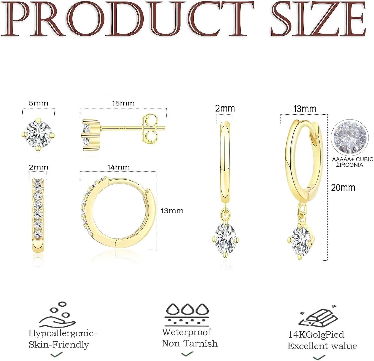 3 Pairs Gold Hoop Earrings Set: 14K Gold Plated Dainty Huggie Earrings for Women, Hypoallergenic Cartilage Stud & Dangle Jewelry, Stackable CZ Floating Stone Design