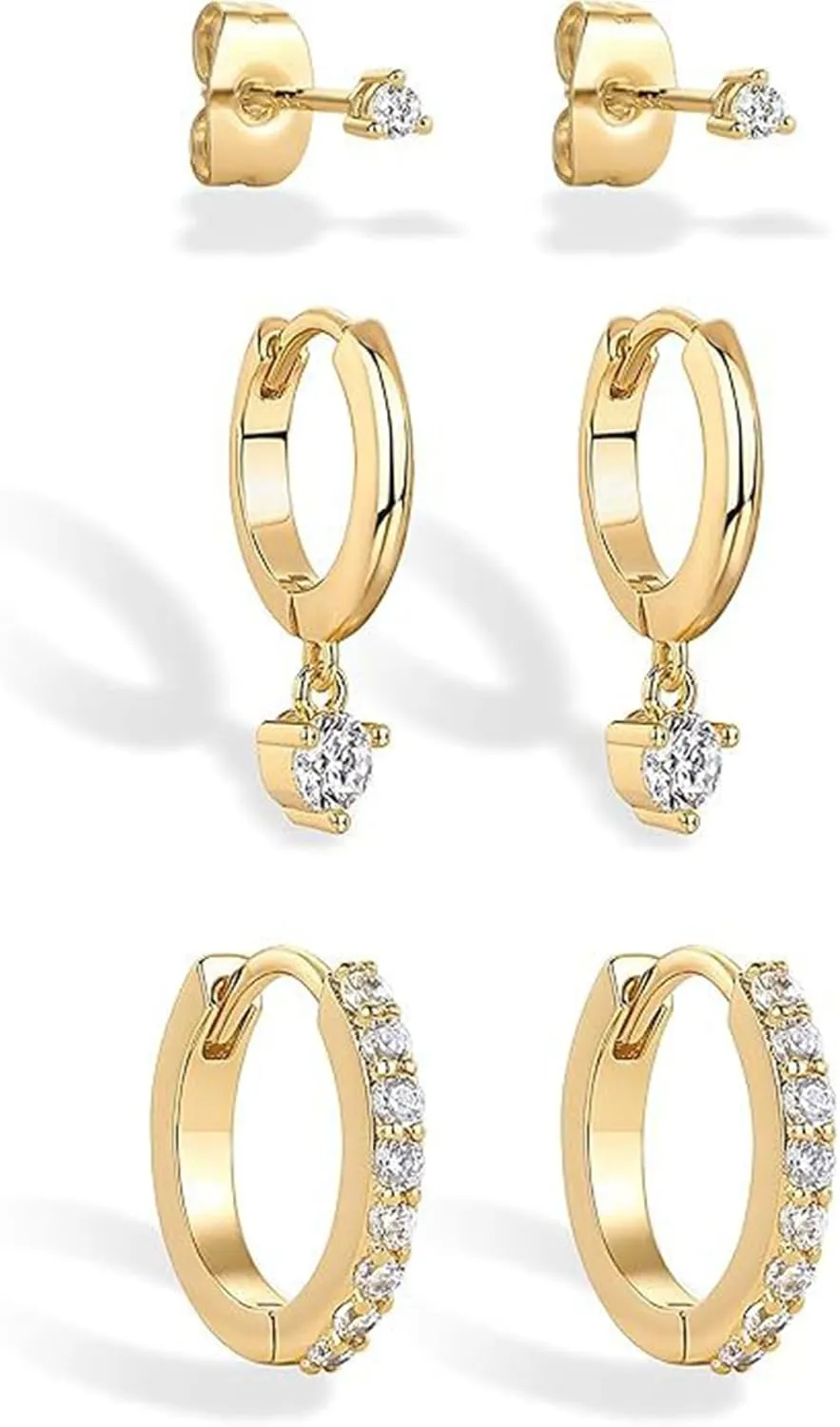 3 Pairs Gold Hoop Earrings Set: 14K Gold Plated Dainty Huggie Earrings for Women, Hypoallergenic Cartilage Stud & Dangle Jewelry, Stackable CZ Floating Stone Design