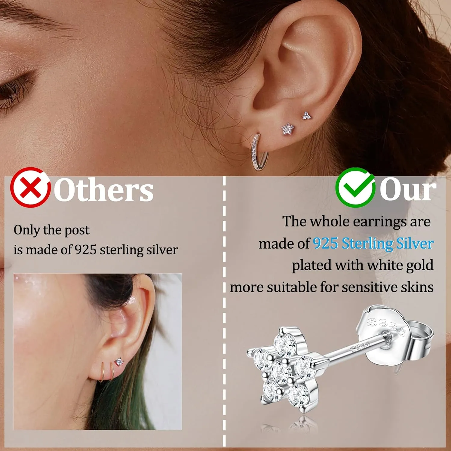 3 Pairs Hoop and Stud Earrings Set Sterling Silver Small CZ Earrings for Multiple Piercing Cartilage Women