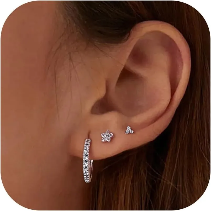 3 Pairs Hoop and Stud Earrings Set Sterling Silver Small CZ Earrings for Multiple Piercing Cartilage Women
