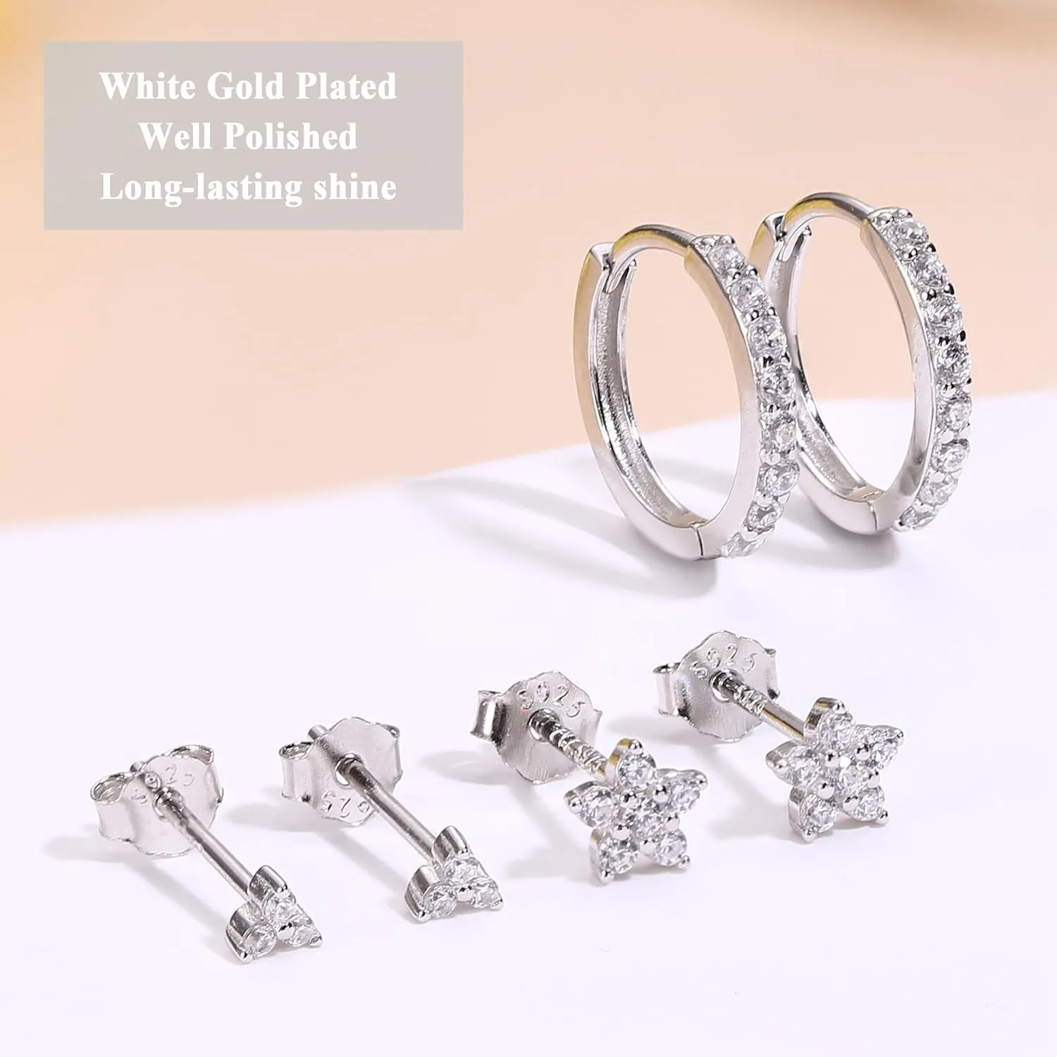 3 Pairs Hoop and Stud Earrings Set Sterling Silver Small CZ Earrings for Multiple Piercing Cartilage Women