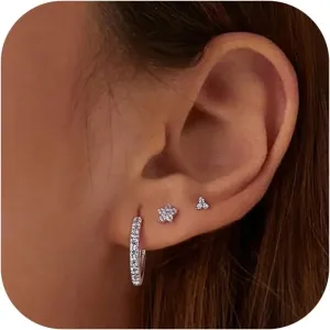 3 Pairs Hoop and Stud Earrings Set Sterling Silver Small CZ Earrings for Multiple Piercing Cartilage Women