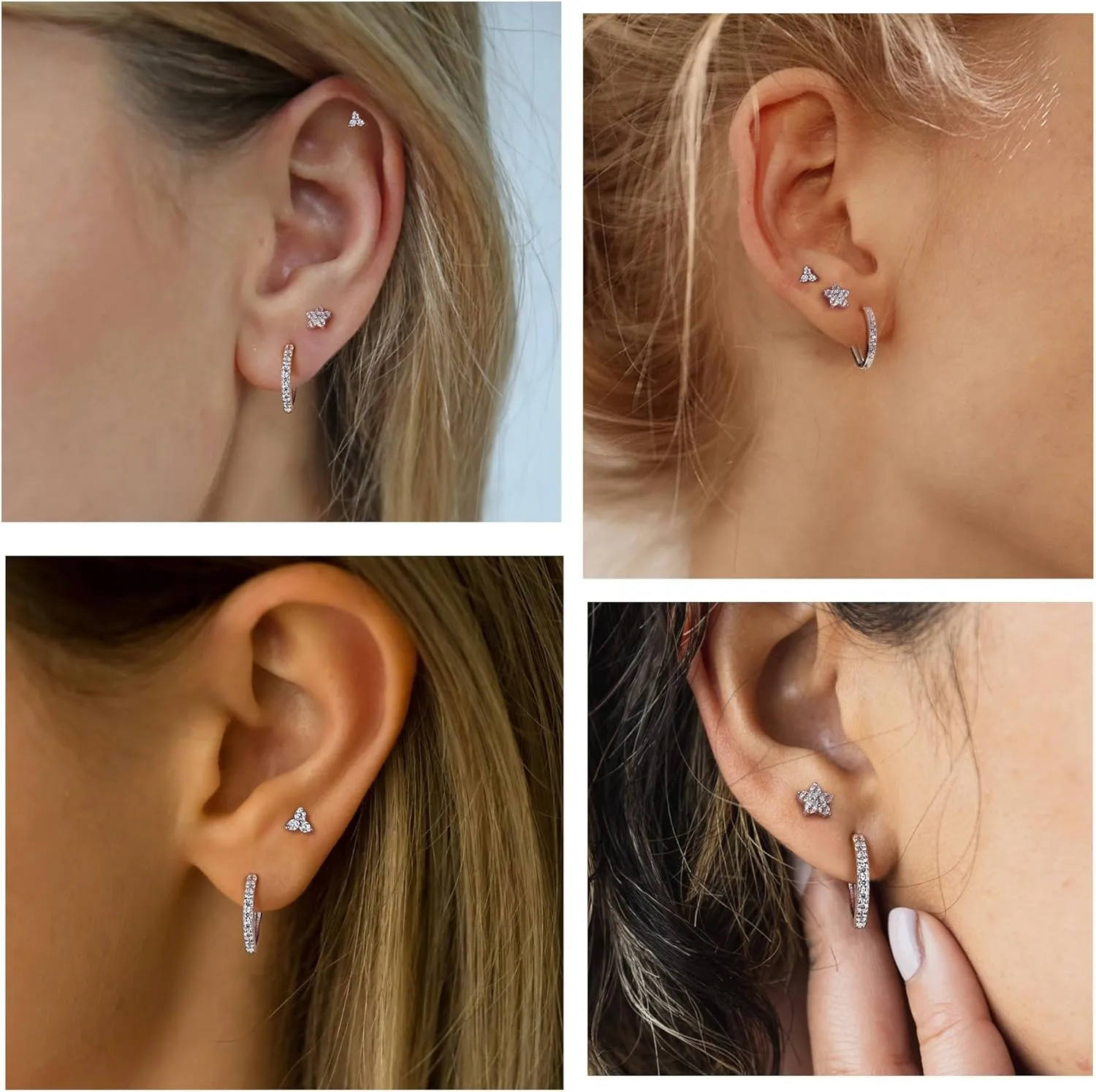 3 Pairs Hoop and Stud Earrings Set Sterling Silver Small CZ Earrings for Multiple Piercing Cartilage Women