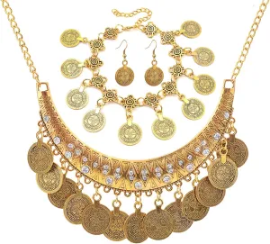 3 PCS Gypsy Jewelry Accessories Rhinestone Gypsy Coins Necklace and Earrings Boho Gypsy Bracelets for Ladies Gifts