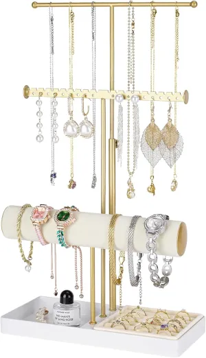 3-Tier Jewelry Stand Jewelry Organizer, Gold Necklace & Bracelet Organizer with Velvet Ring Tray, Sturdy Jewelry Holder for Earrings, Cute & Aesthetic Jewelry Display Tower  Gift for Women