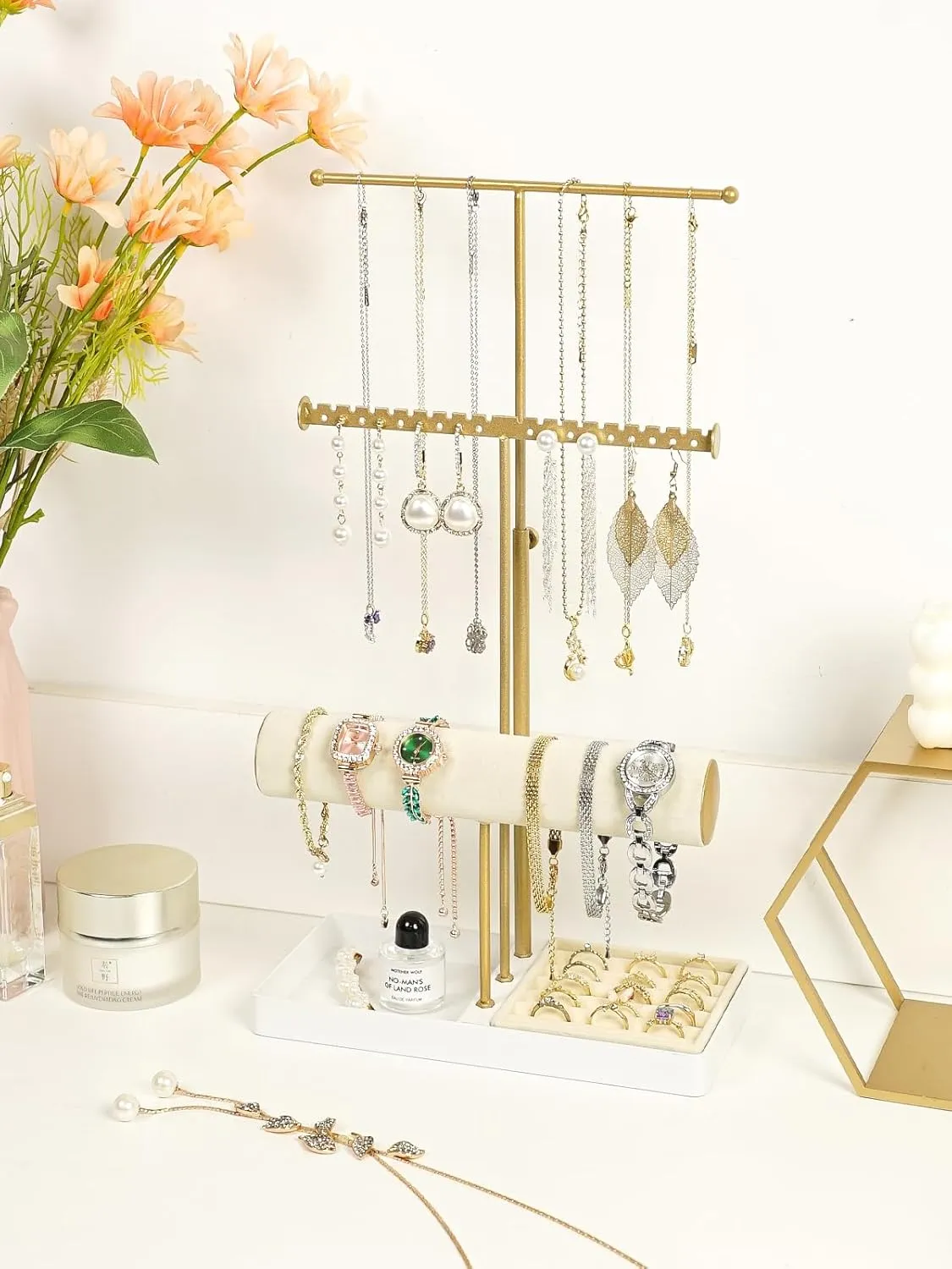 3-Tier Jewelry Stand Jewelry Organizer, Gold Necklace & Bracelet Organizer with Velvet Ring Tray, Sturdy Jewelry Holder for Earrings, Cute & Aesthetic Jewelry Display Tower  Gift for Women
