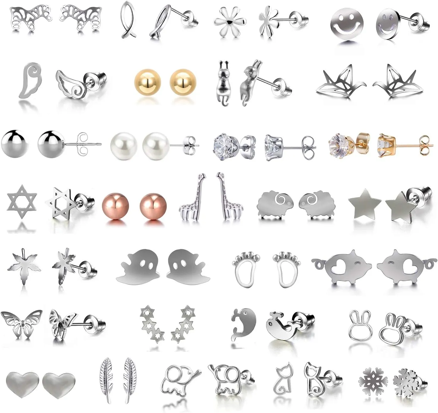 30 Assorted Stainless Steel Stud Earrings for Teen Girls - Hypoallergenic Fairy Earrings with Faux Pearls & Pink CZ Cats