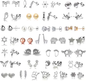 30 Assorted Stainless Steel Stud Earrings for Teen Girls - Hypoallergenic Fairy Earrings with Faux Pearls & Pink CZ Cats