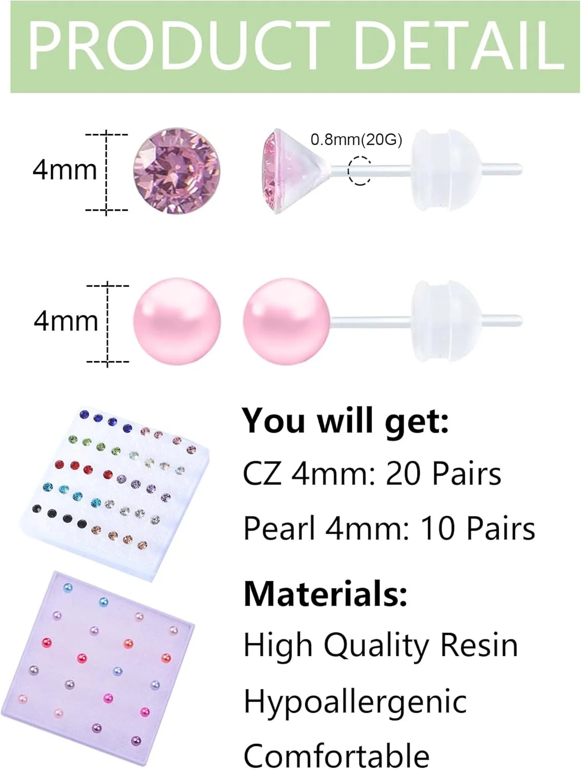 30 Pairs Cubic Zirconia Earrings - Plastic Post & Stud Earrings for Women with Pearls, Suitable for Sensitive Ears
