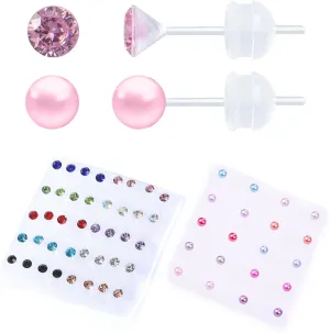 30 Pairs Cubic Zirconia Earrings - Plastic Post & Stud Earrings for Women with Pearls, Suitable for Sensitive Ears