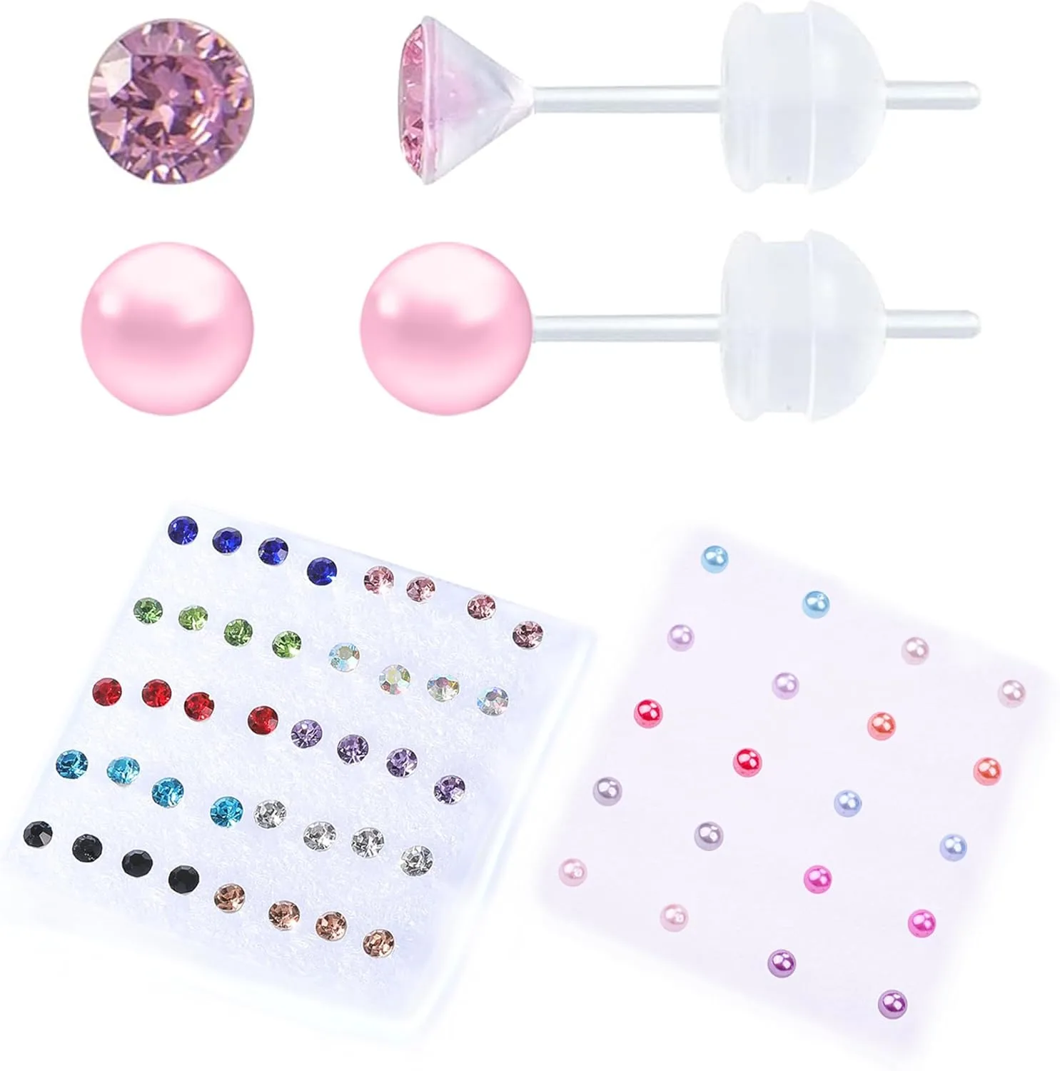 30 Pairs Cubic Zirconia Earrings - Plastic Post & Stud Earrings for Women with Pearls, Suitable for Sensitive Ears