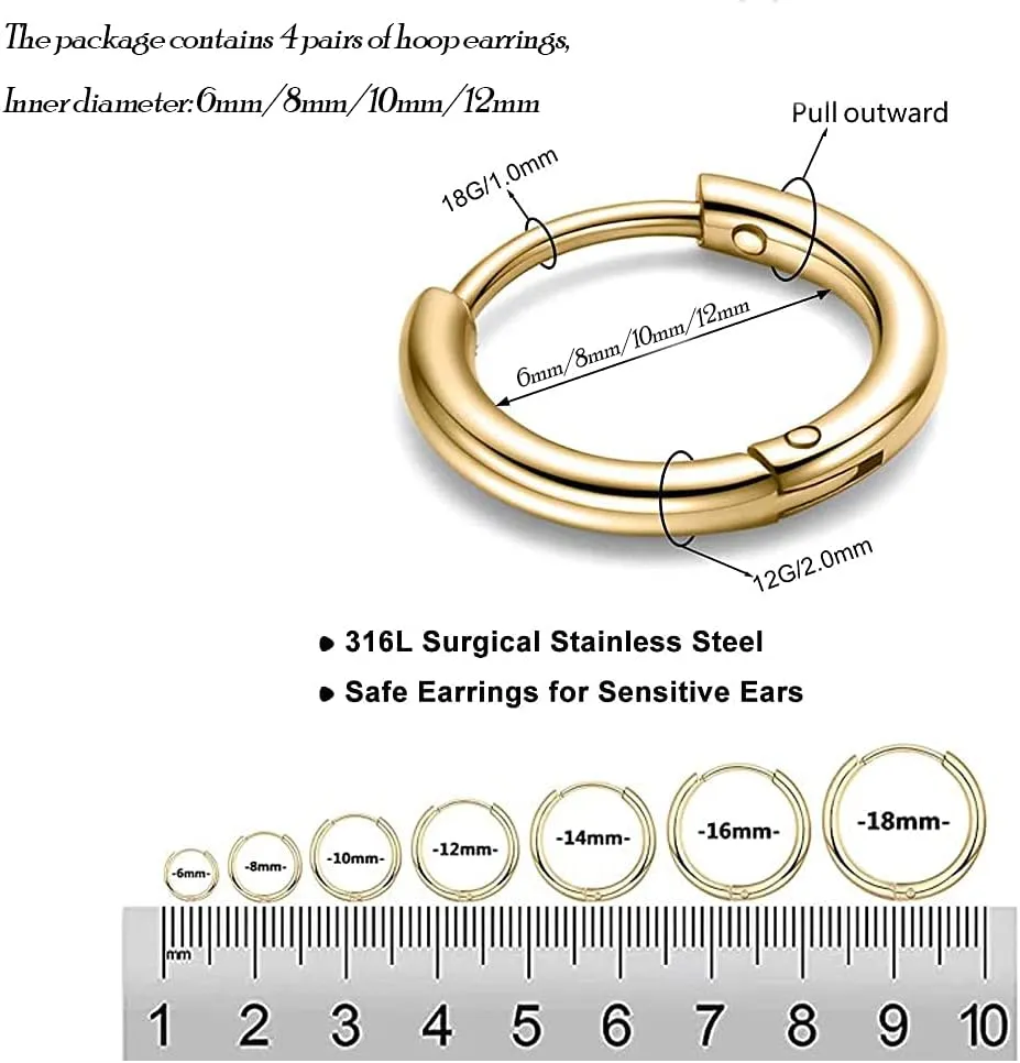 316L Surgical Stainless Steel Huggie Hoop Earrings 6mm 8mm 10mm 11mm 12mm 14mm Hypoallergenic Earrings Hoop Cartilage Helix Lobes Hinged Sleeper Earrings For Men Women