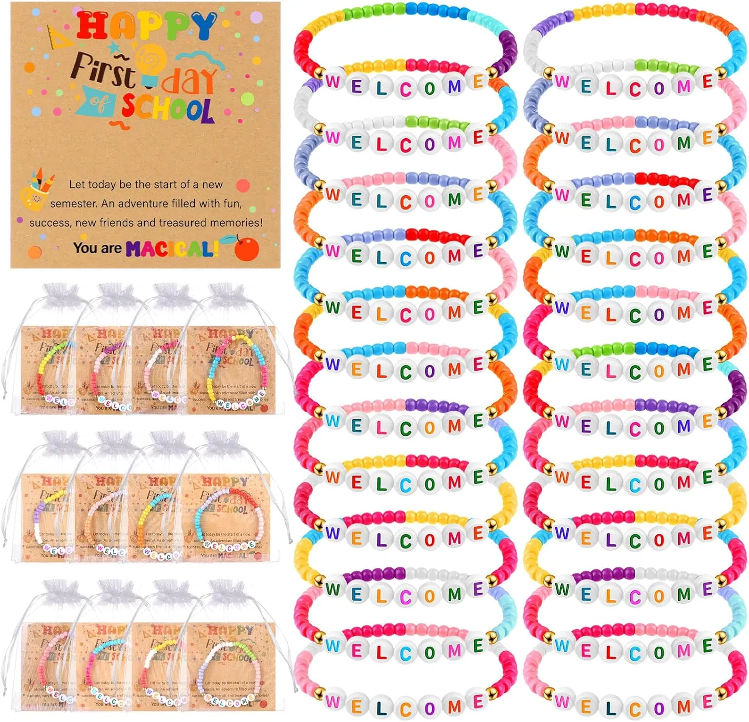 36Set First Day of School Bracelet Welcome Bracelet Back to School Cards Kindergarten Bracelets with Adorable Letters Beads Wish Cards Organza Bags Colorful Bracelets Bulk for Boys Girls