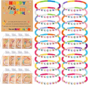 36Set First Day of School Bracelet Welcome Bracelet Back to School Cards Kindergarten Bracelets with Adorable Letters Beads Wish Cards Organza Bags Colorful Bracelets Bulk for Boys Girls