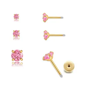3Pairs CZ Stud Flat Screw Back Earrings for Women Multiple Piercing,Dainty Flatback Cubic Zirconia Cartilage Earring Stud,Helix Tragus Conch Piercing Jewelry (2mm/3mm/4mm Gold, Pink CZ)