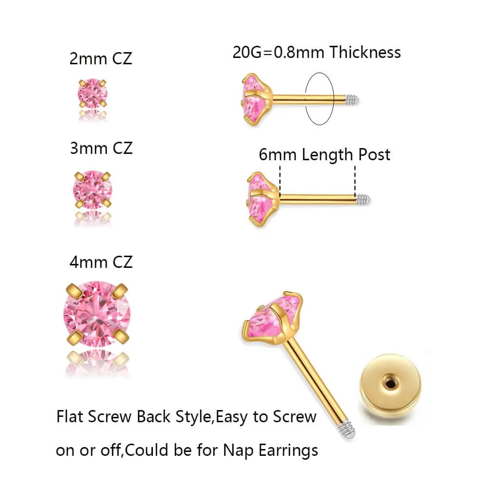 3Pairs CZ Stud Flat Screw Back Earrings for Women Multiple Piercing,Dainty Flatback Cubic Zirconia Cartilage Earring Stud,Helix Tragus Conch Piercing Jewelry (2mm/3mm/4mm Gold, Pink CZ)
