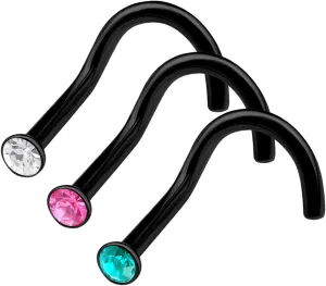 3pcs 20g 0.8mm Nose Screw Rings Nostril Black Anodized Surgical Steel 2mm Crystal Stud