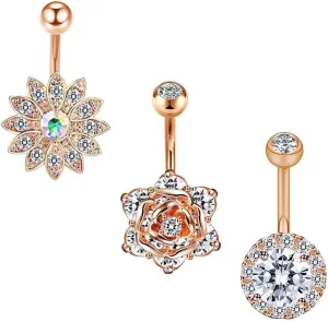 3Pcs Belly Button Ring Surgical Steel, Simple Dangle Navel Rings Rose Gold Flower Cubic Zirconia