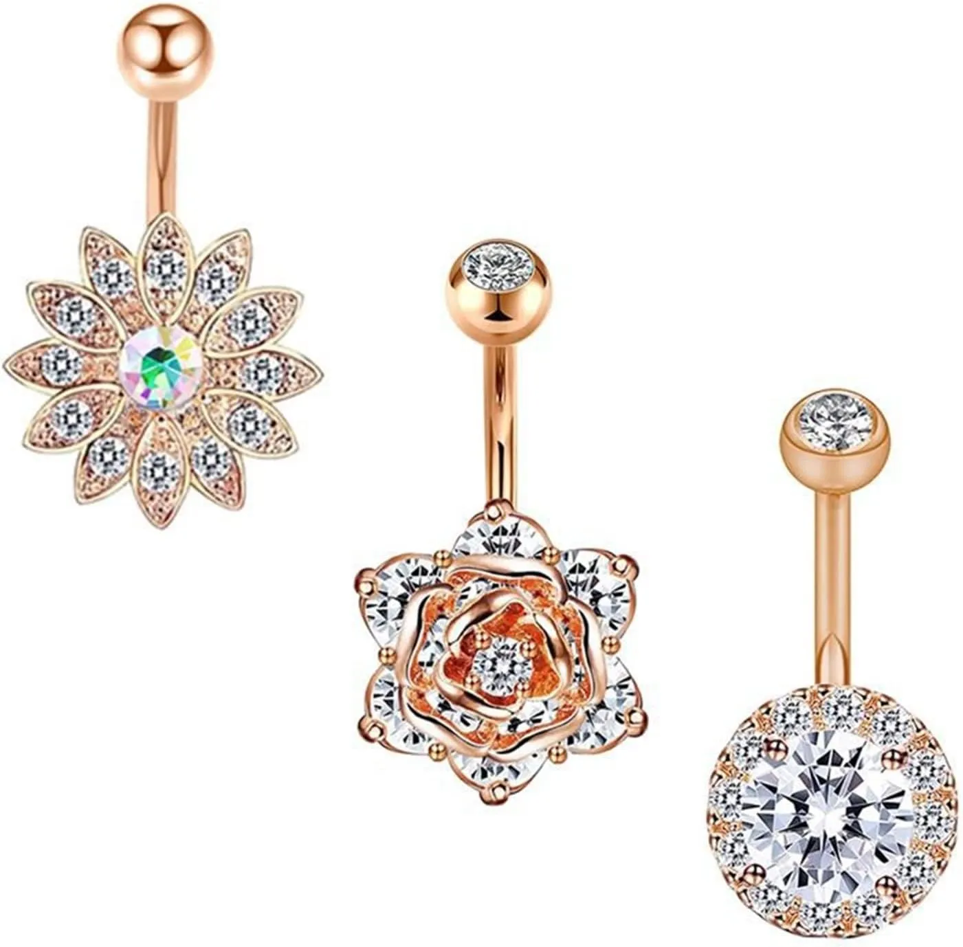 3Pcs Belly Button Ring Surgical Steel, Simple Dangle Navel Rings Rose Gold Flower Cubic Zirconia