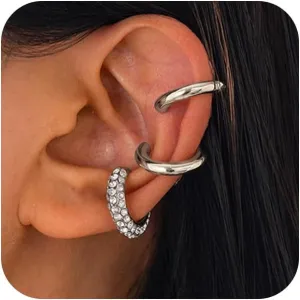3Pcs Bling Rhinestone Gold Ear Cuffs Earrings for Women Dainty Silver Non Pierced C Shaped Earring Vintage Sparkly Cubic Zircon Statement Jewelry Set